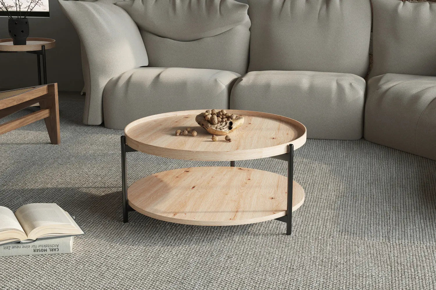 Table basse ronde DALYNA effet chêne vieilli, pieds acier noir 80 cm - TIKAYLA