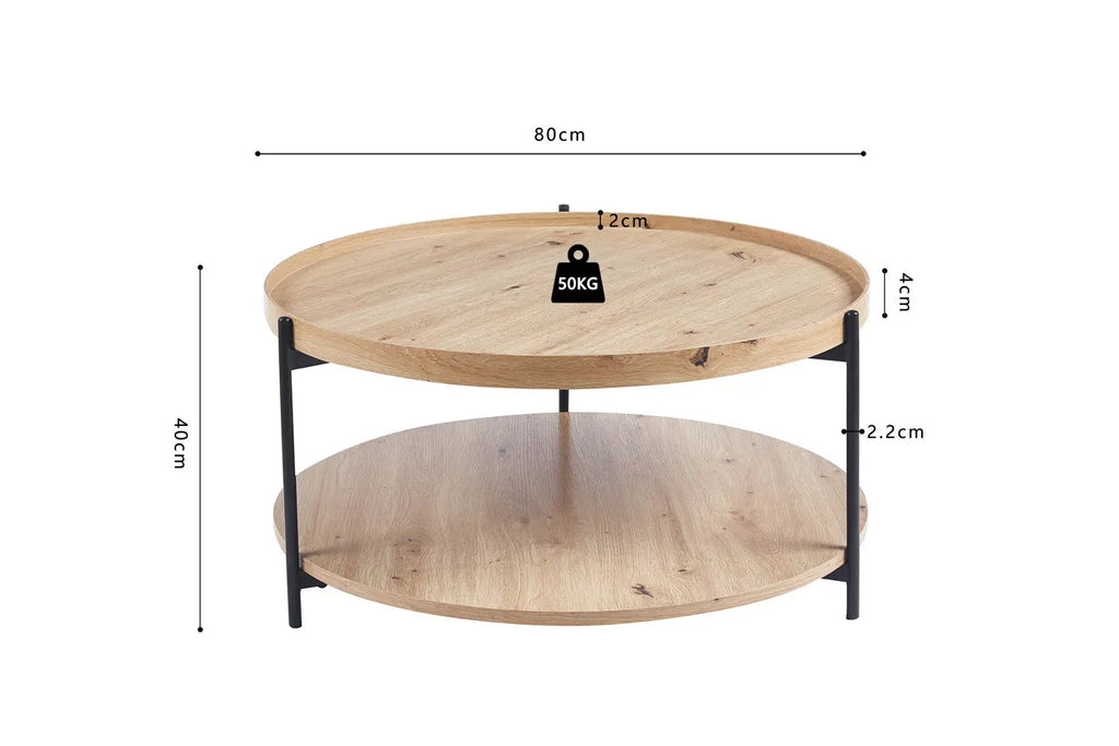 Table Basse Ronde Effet Chêne Vieilli DALYNA avec des pieds en acier noir - 80 cm ROUSSEAU