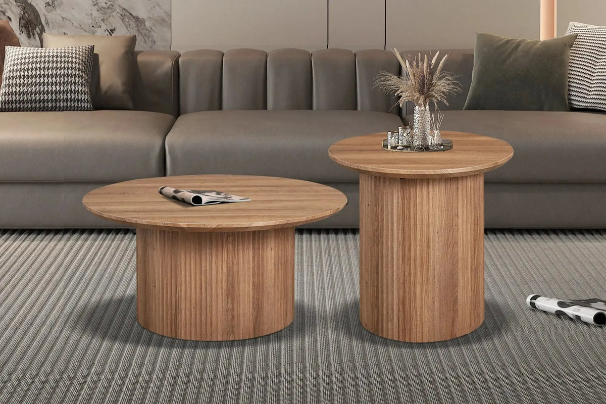 Table basse ronde LYANE effet chêne vieilli, 80 cm vue de dessus - TIKAYLA