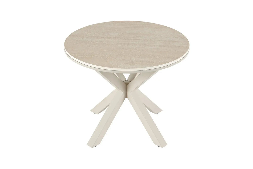 Table basse ronde NOAH Ø 60 cm, plateau pierre frittée beige et piètement métal en croix