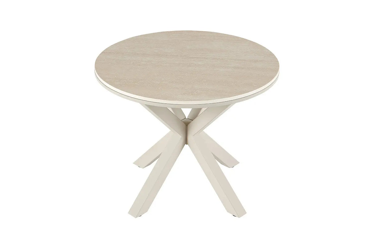 Table basse ronde NOAH Ø 60 cm, plateau pierre frittée beige et piètement métal en croix