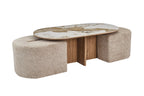 Table basse ovale AVORA 120 x 60 cm avec ses deux poufs en tissu beige sortis