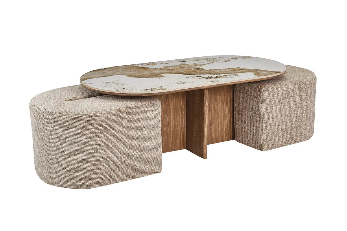 Table basse ovale AVORA 120 x 60 cm avec ses deux poufs en tissu beige sortis