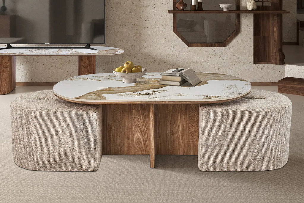 Table basse AVORA 120 cm devant un meuble TV dans un séjour