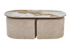 Table basse AVORA vue de dessus, les deux poufs rangés sous le plateau