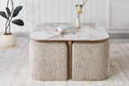 Table basse AVORA avec 4 poufs en tissu, plateau pierre brillante - 80 x 80 cm | TIKAYLA