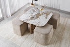 Table basse AVORA avec 4 poufs en tissu, plateau pierre brillante - 80 x 80 cm | TIKAYLA