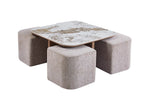 Table basse AVORA avec 4 poufs en tissu, plateau pierre brillante - 80 x 80 cm | TIKAYLA