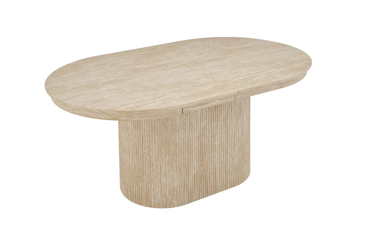Table extensible ovale LYANE effet travertin beige fermée à 180 cm