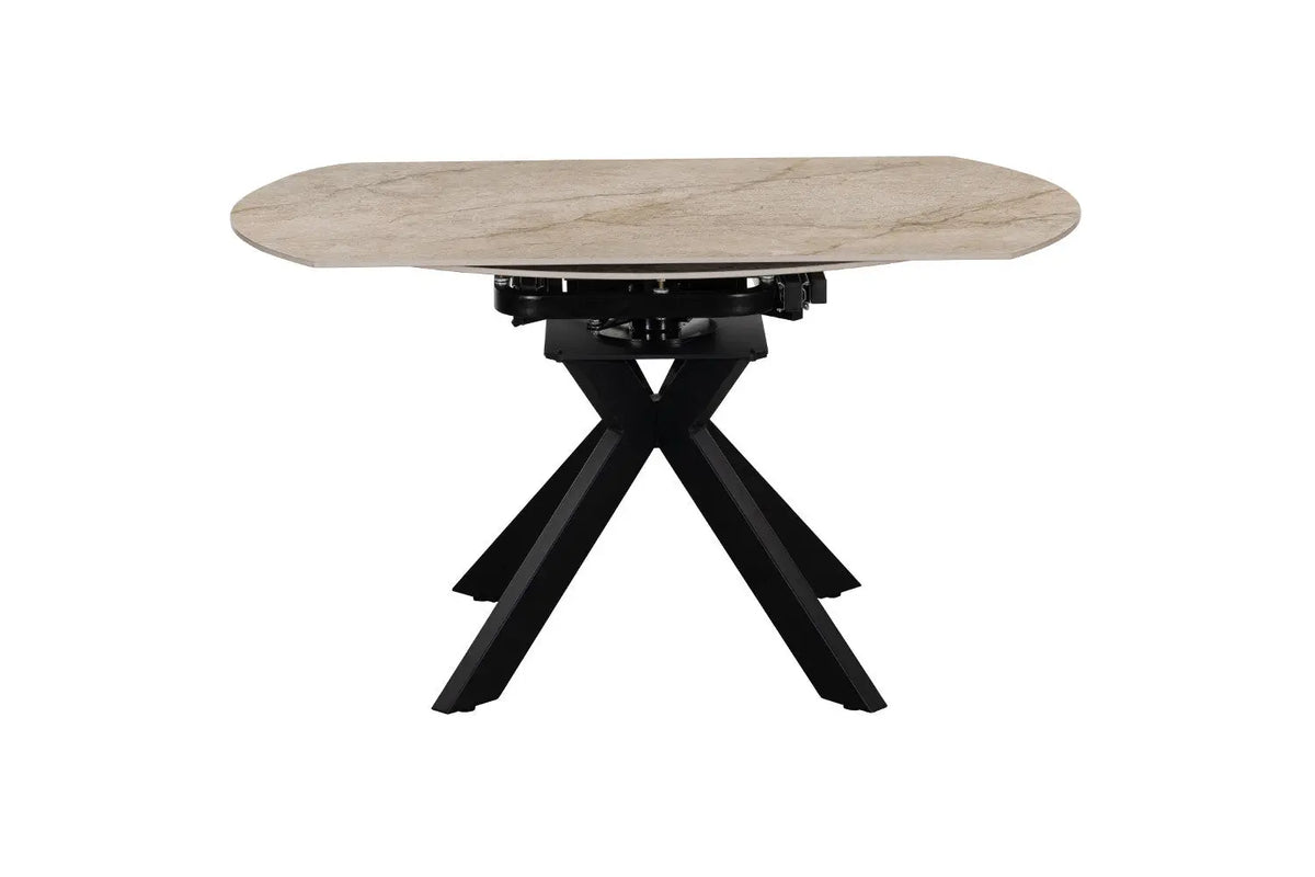Table extensible ronde ATHENYA en pierre Shakespear Beige, fermée — autre angle