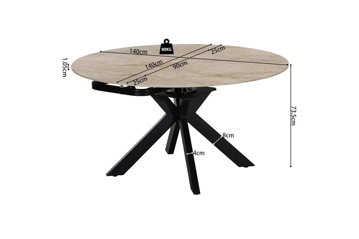 Table ATHENYA — schéma coté ouverte : rond de 140 cm, hauteur 73,5 cm