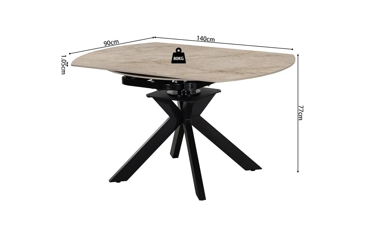 Table ATHENYA — schéma coté fermée : 140 x 90 cm, hauteur 77 cm