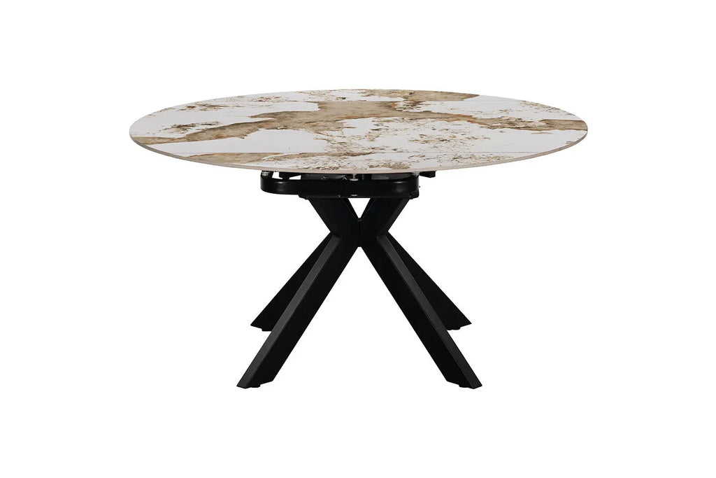 Table extensible ronde ATHENYA en pierre Pandora Brun doré, ouverte — autre angle