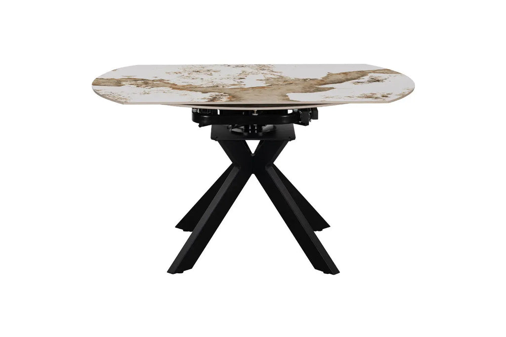 Table extensible ronde ATHENYA en pierre Pandora Brun doré, fermée — autre angle