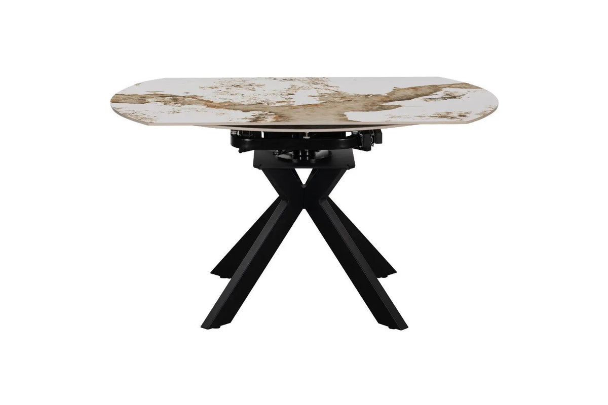 Table extensible ronde ATHENYA en pierre Pandora Brun doré, fermée — autre angle