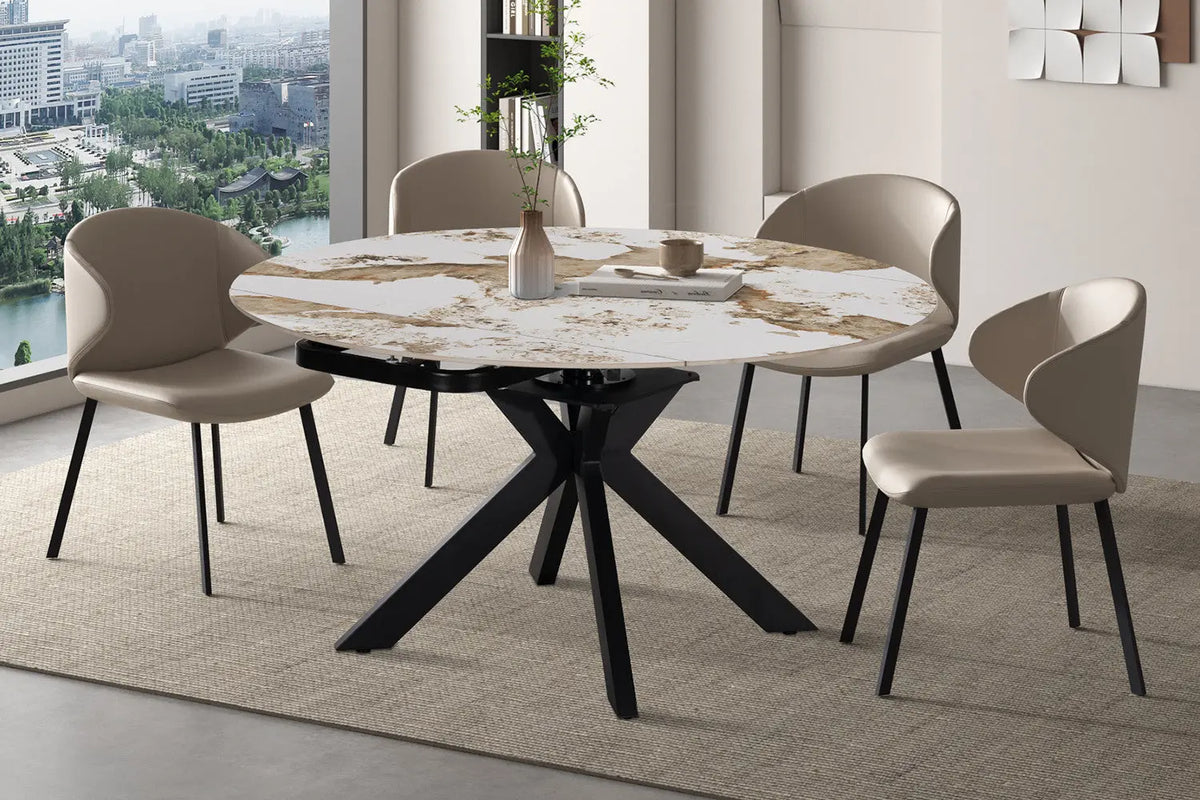 Table extensible ronde ATHENYA en pierre Pandora Brun doré — en situation