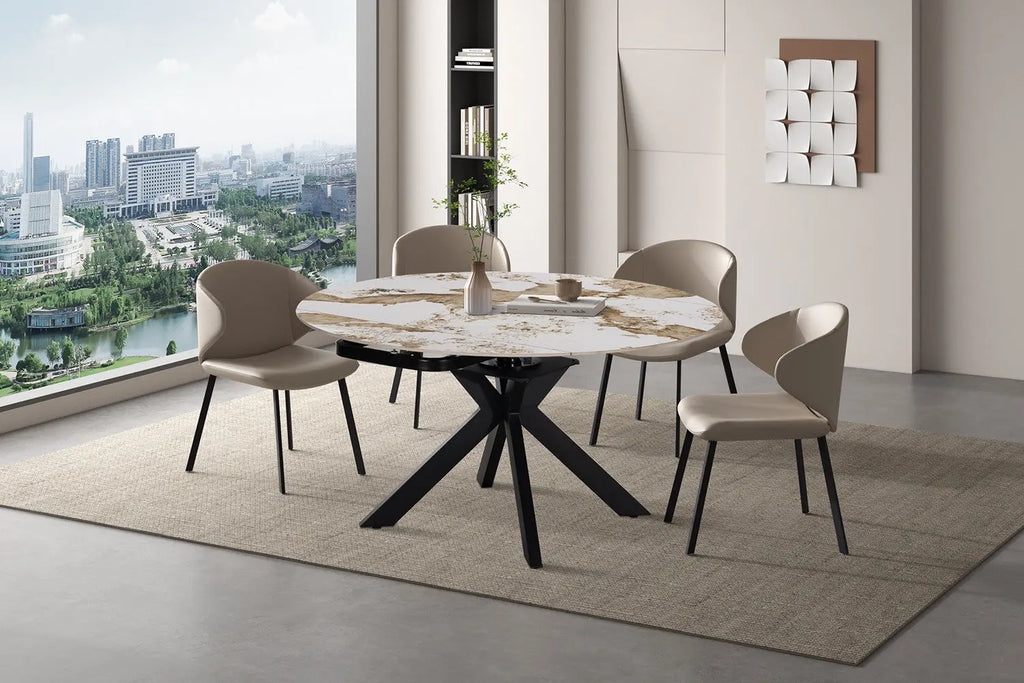 Table extensible ronde ATHENYA en pierre Pandora Brun doré — en situation