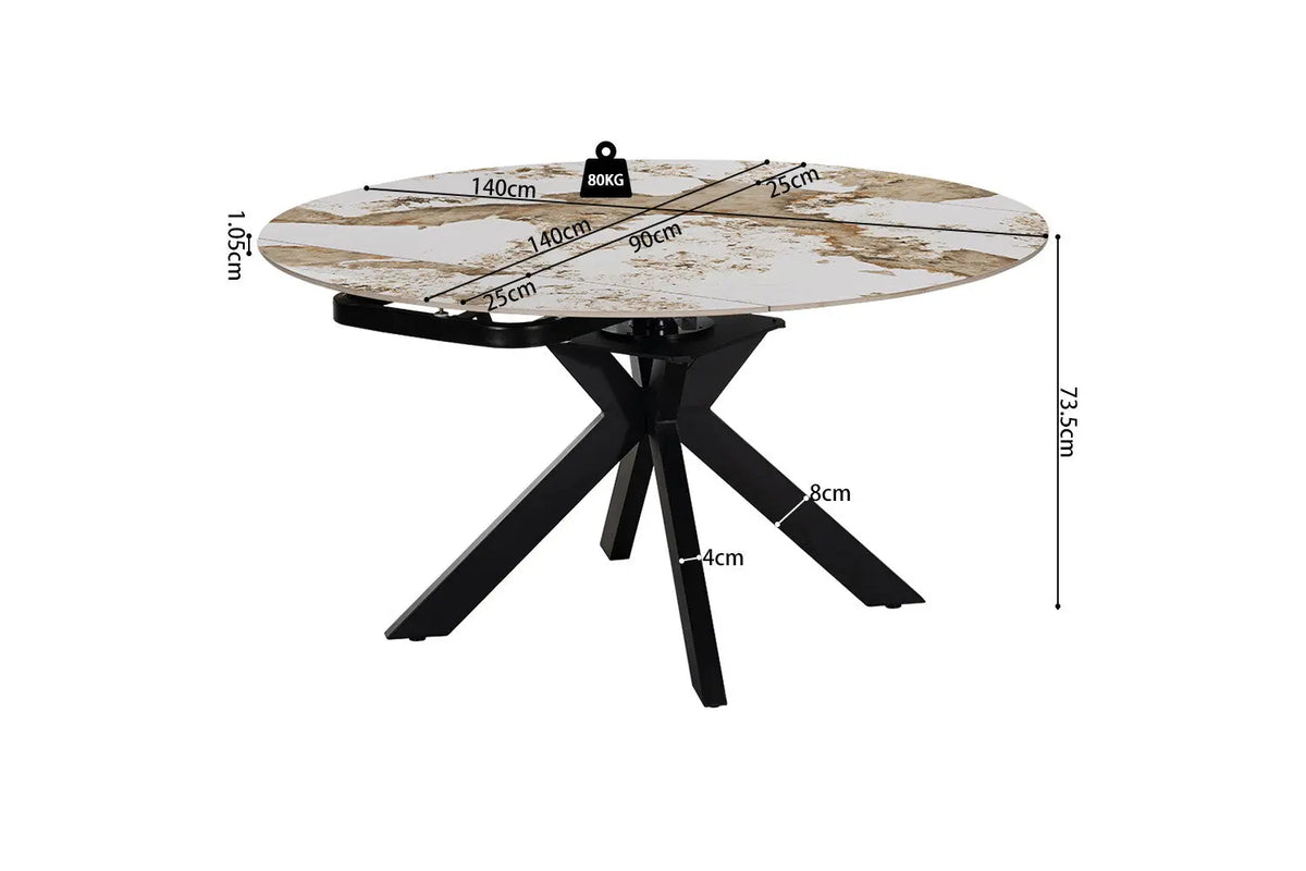 Table ATHENYA Pandora Brun doré — schéma coté ouverte : rond de 140 cm, hauteur 73,5 cm