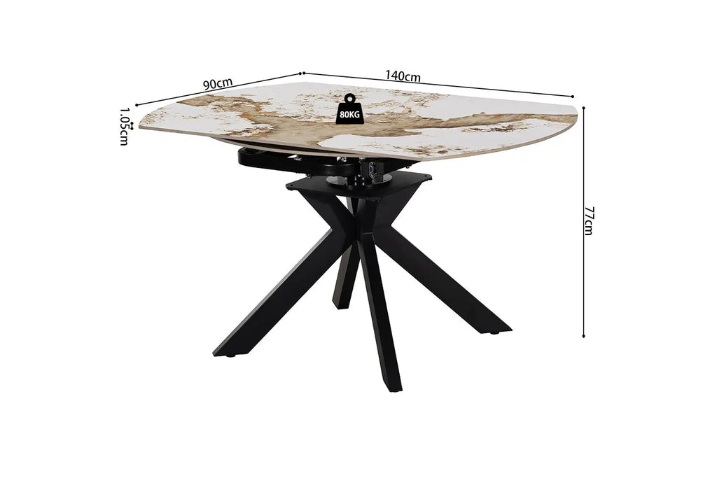 Table ATHENYA Pandora Brun doré — schéma coté fermée : 140 x 90 cm, hauteur 77 cm
