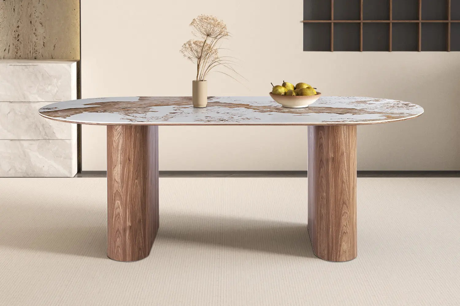 Table a manger AVORA 210 cm plateau pierre brillante beige