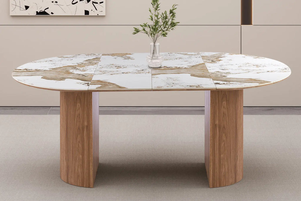 Table extensible AVORA vue de trois quarts formes arrondies
