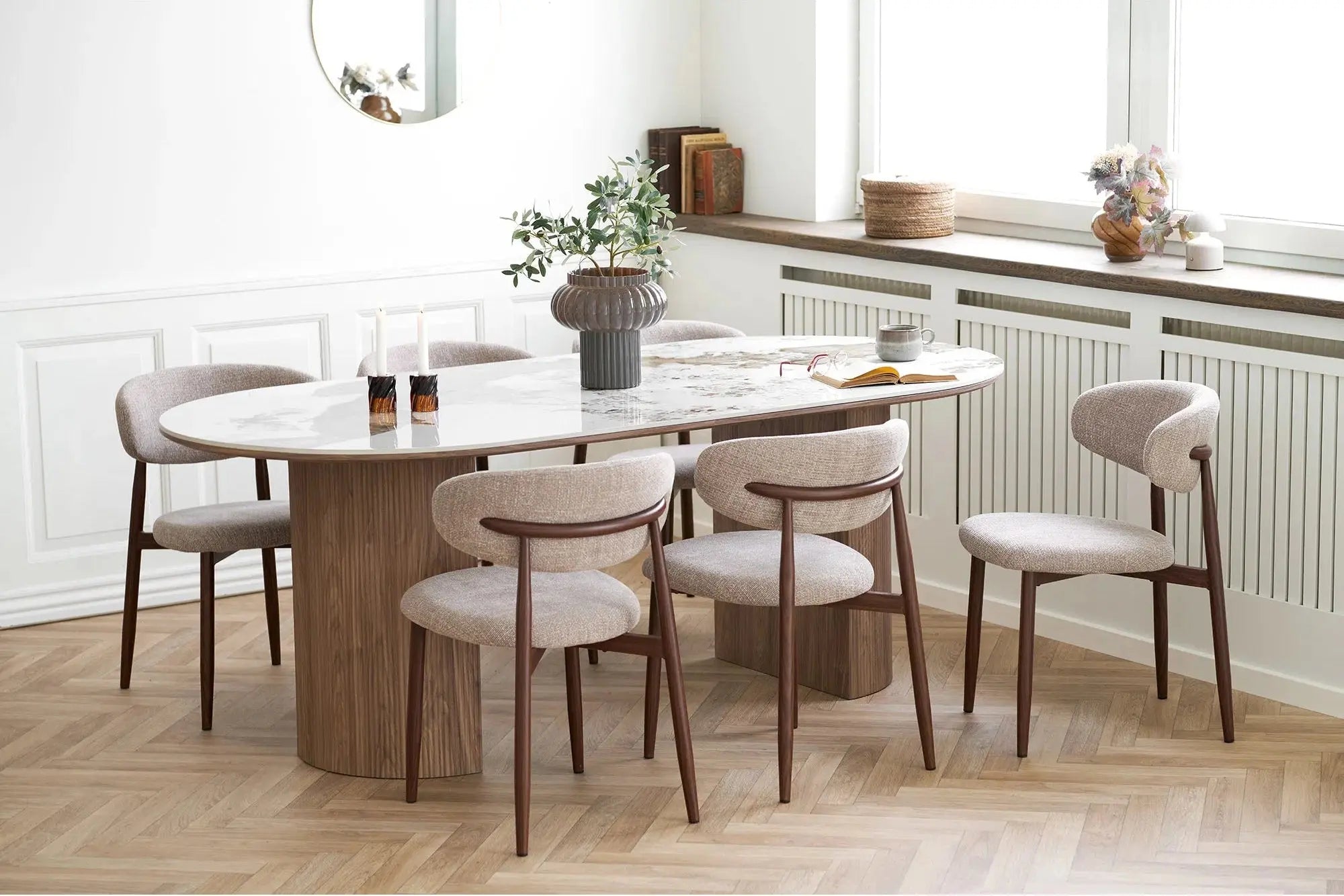 Table à Manger Ovale ATHENS Céramique Blanc Marron -  210 x 100 cm HOUSE NORDIC