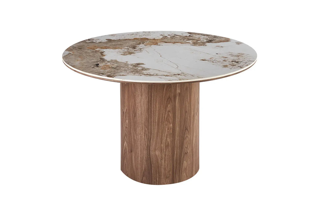 Table à manger ronde AVORA Ø 120 cm, plateau pierre frittée brun doré et pied central bois