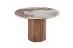 Table à manger ronde AVORA Ø 120 cm, plateau pierre frittée brun doré et pied central bois