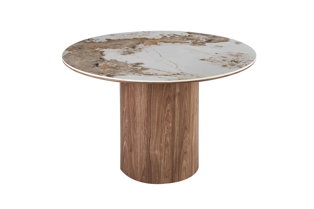 Table à manger ronde AVORA Ø 120 cm, plateau pierre frittée brun doré et pied central bois