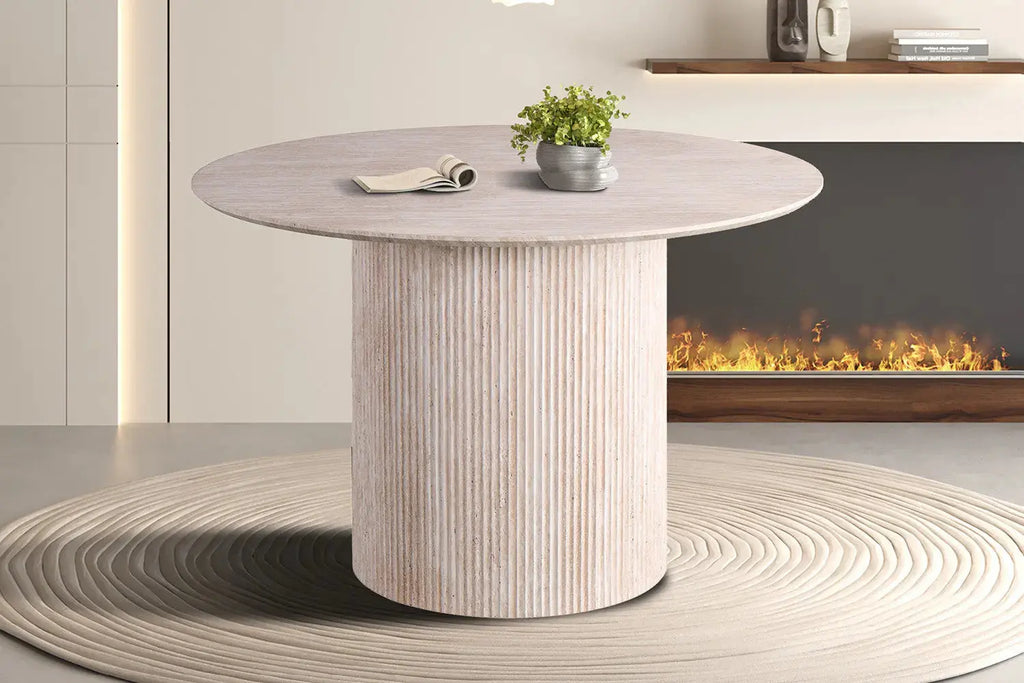 Table à manger ronde LYANE effet travertin beige - 120 cm - ROUSSEAU chez TIKAYLA