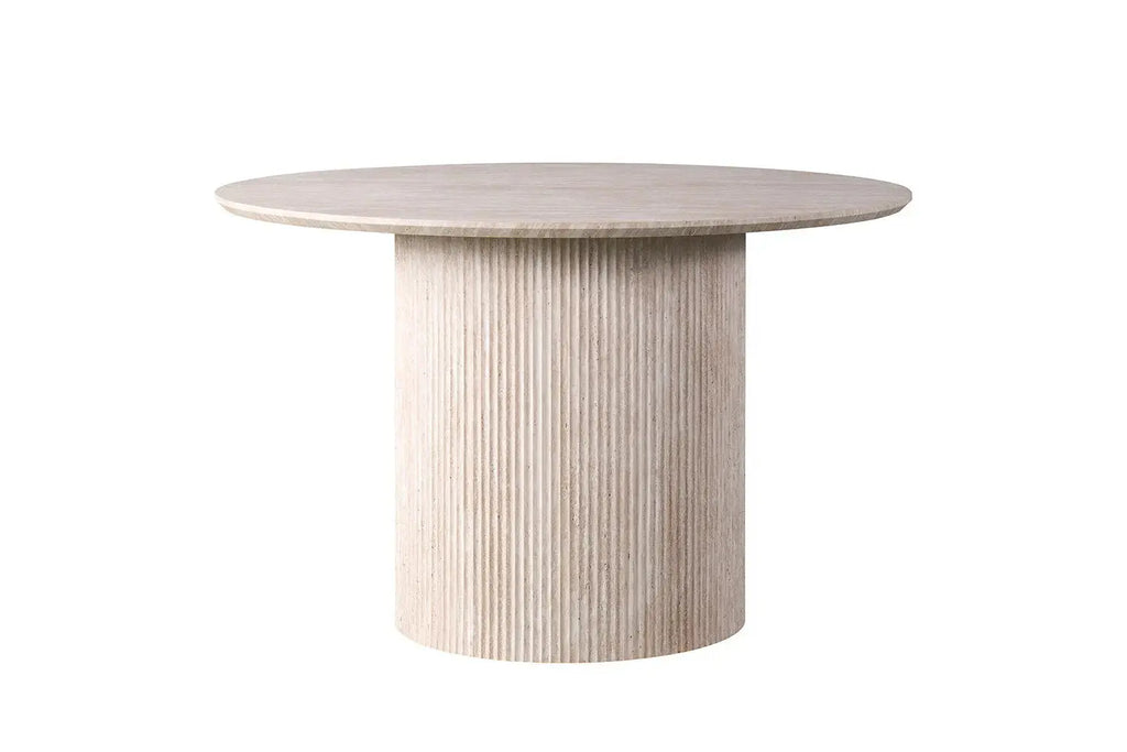 Table à manger ronde LYANE effet travertin beige - 120 cm - ROUSSEAU chez TIKAYLA