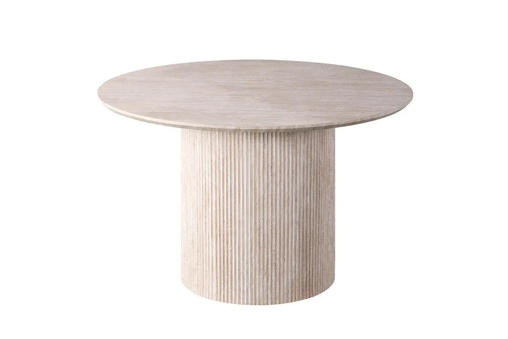 Table à manger ronde LYANE effet travertin beige - 120 cm - ROUSSEAU chez TIKAYLA