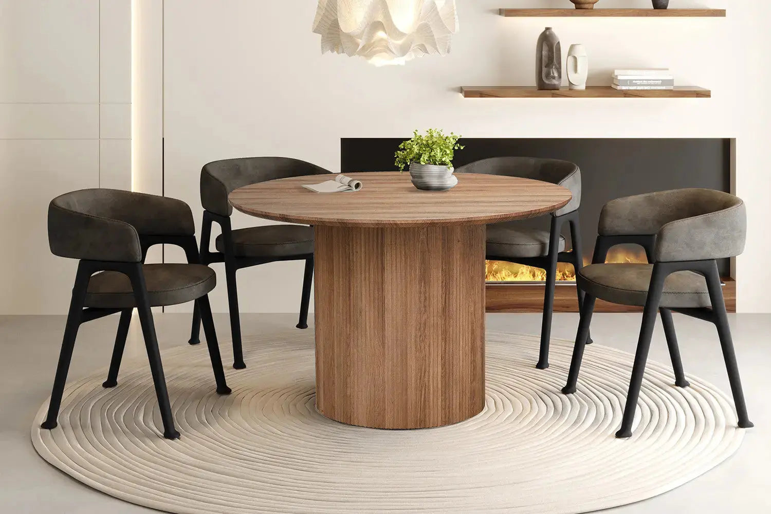 Table à manger ronde LYANE effet chêne vieilli - 120 cm - ROUSSEAU chez TIKAYLA
