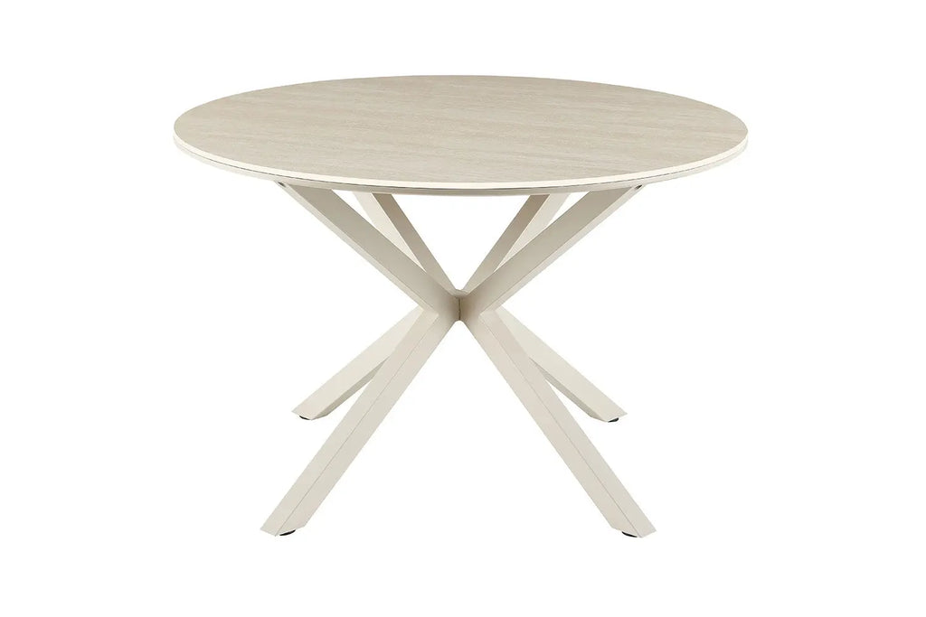 Table à manger ronde NOAH Ø 120 cm, plateau pierre frittée beige et piètement métal en croix