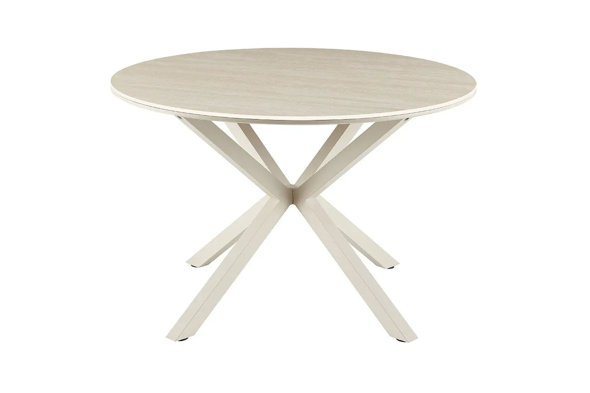Table à manger ronde NOAH Ø 120 cm, plateau pierre frittée beige et piètement métal en croix