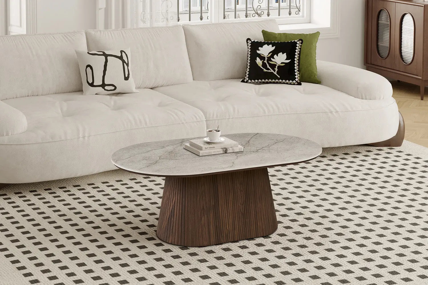 Table basse VEKO 120 cm Décor Chêne Foncé Plateau Pierre Frittée Beige - vue principale