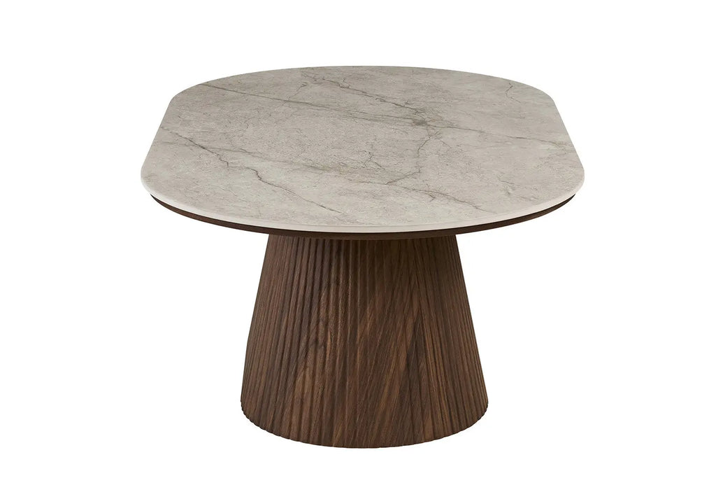 Table basse VEKO 120 cm - détail base centrale décor chêne foncé