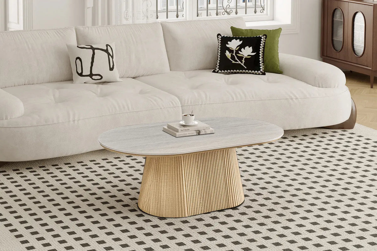 Table basse VEKO 120 cm Décor Chêne Naturel Plateau Pierre Frittée Gris - vue principale