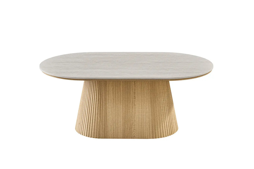Table basse VEKO 120 cm Chêne Naturel - détail plateau pierre frittée gris