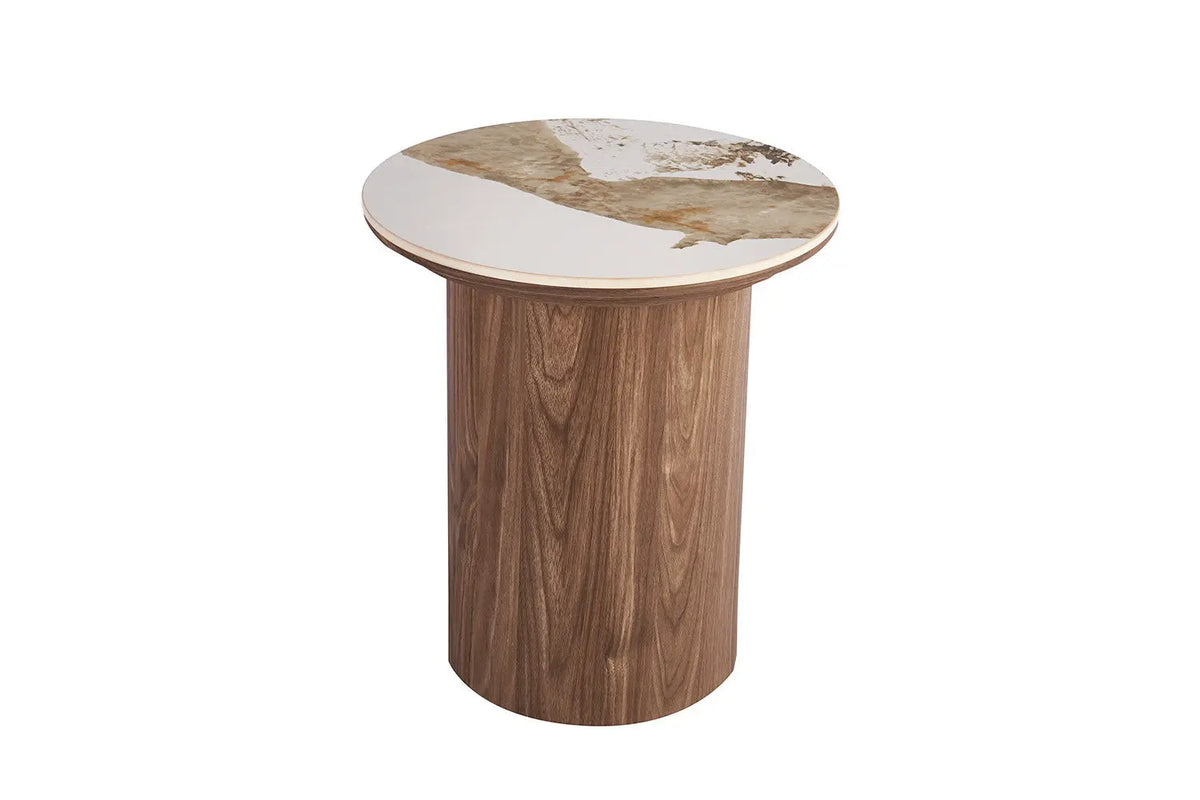 Table d'appoint ronde AVORA Ø 45 cm, plateau pierre frittée brun doré et pied central bois