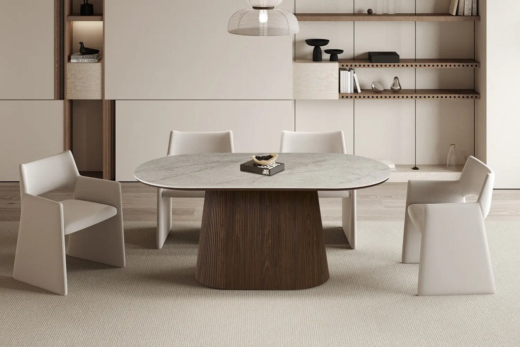 Table de salle à manger VEKO 180 cm Ovale Chêne Foncé Plateau Pierre Frittée Beige - vue principale