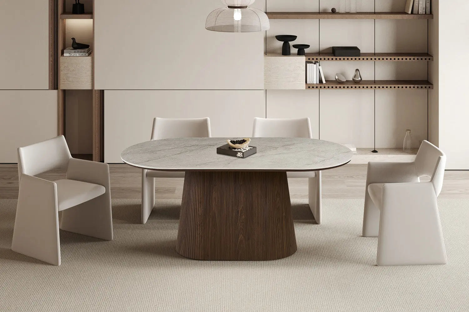 Table de salle à manger VEKO 180 cm Ovale Chêne Foncé Plateau Pierre Frittée Beige - vue principale