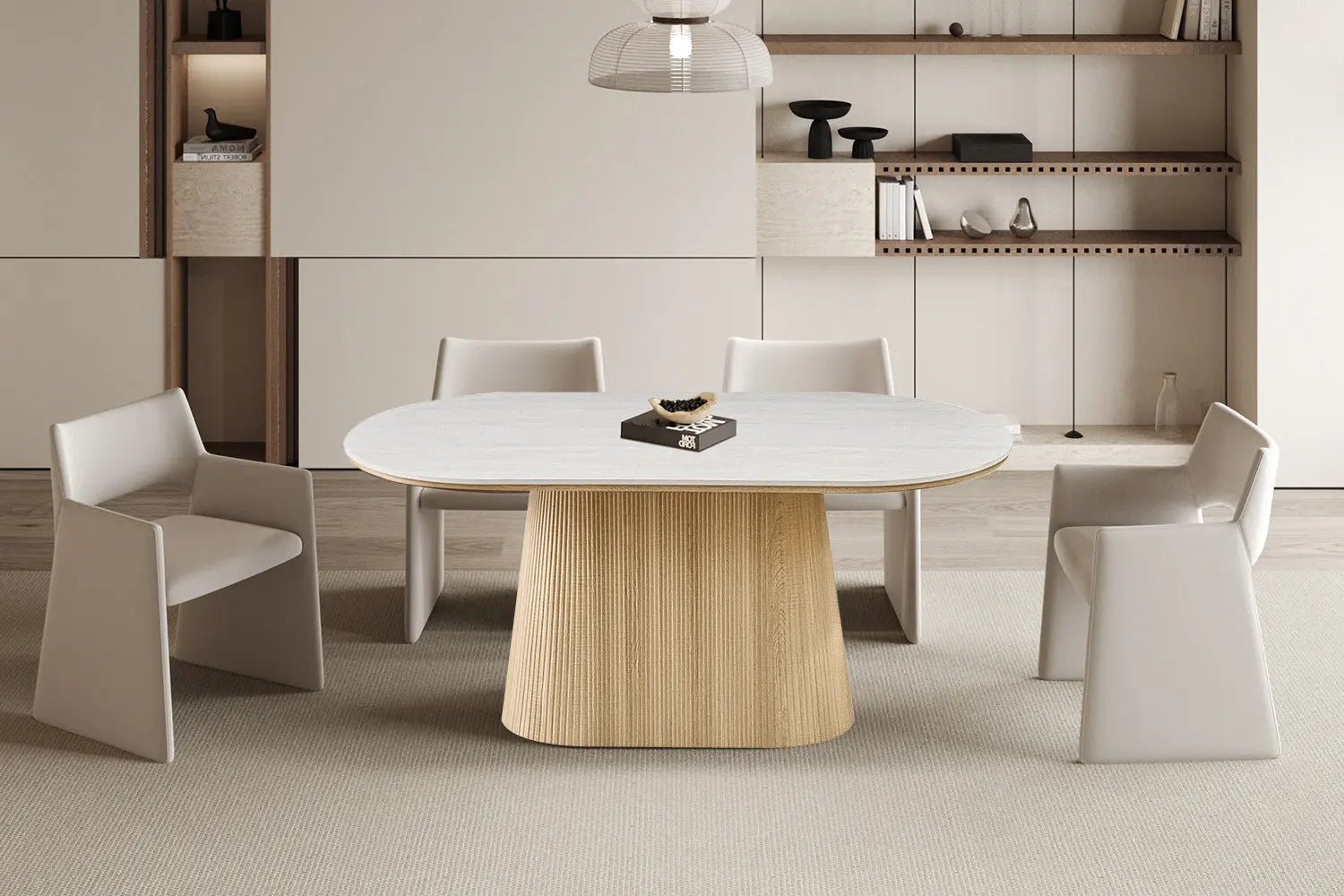 Table à manger VEKO 180 cm Ovale Décor Chêne Naturel Plateau Pierre Frittée Gris - vue principale