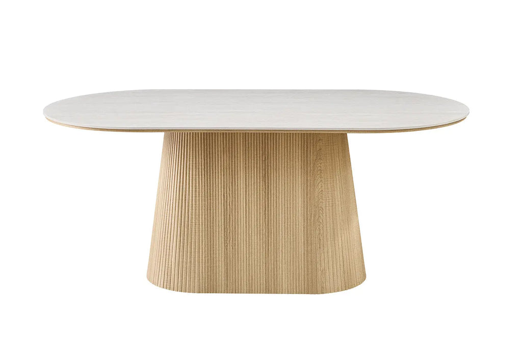 Table VEKO 180 cm Ovale Chêne Naturel - détail plateau pierre frittée Baroque Gris
