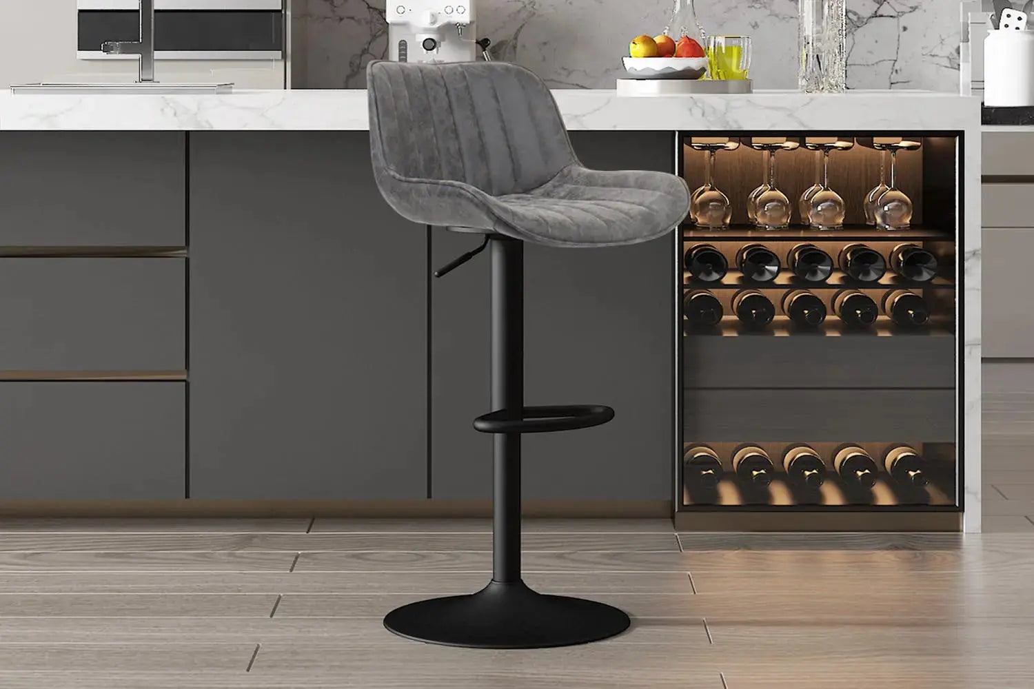Tabouret de bar FENNY Gris simili cuir – 48 x 49,5 cm | TIKAYLA
