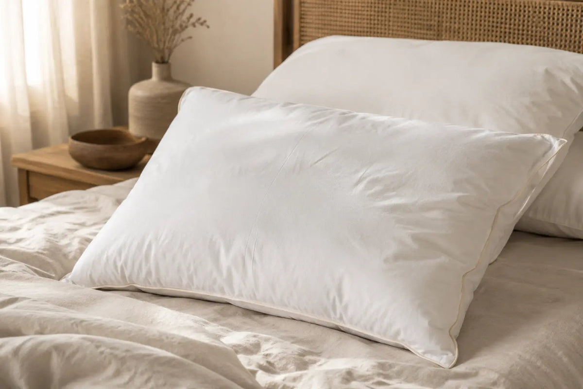 Oreiller moelleux CIRRUS en duvet de canard français sur un lit