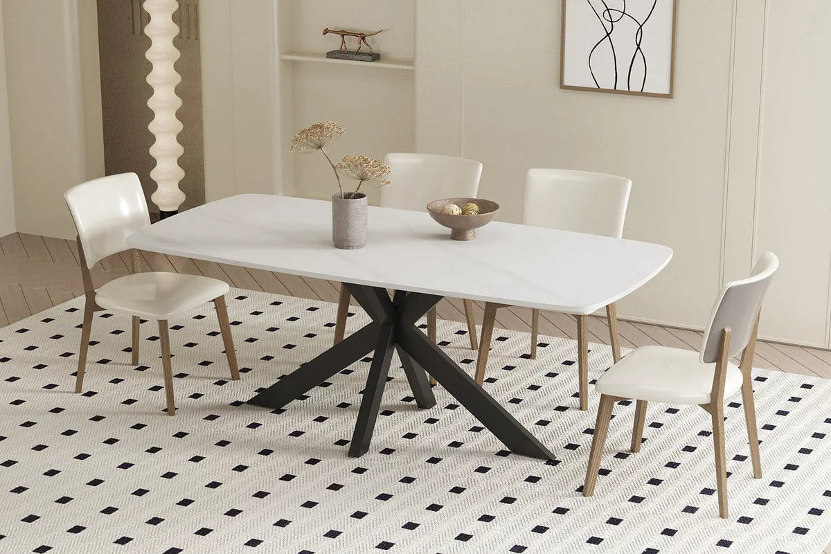Table à manger ovale à plateau en pierre blanche de 180 cm