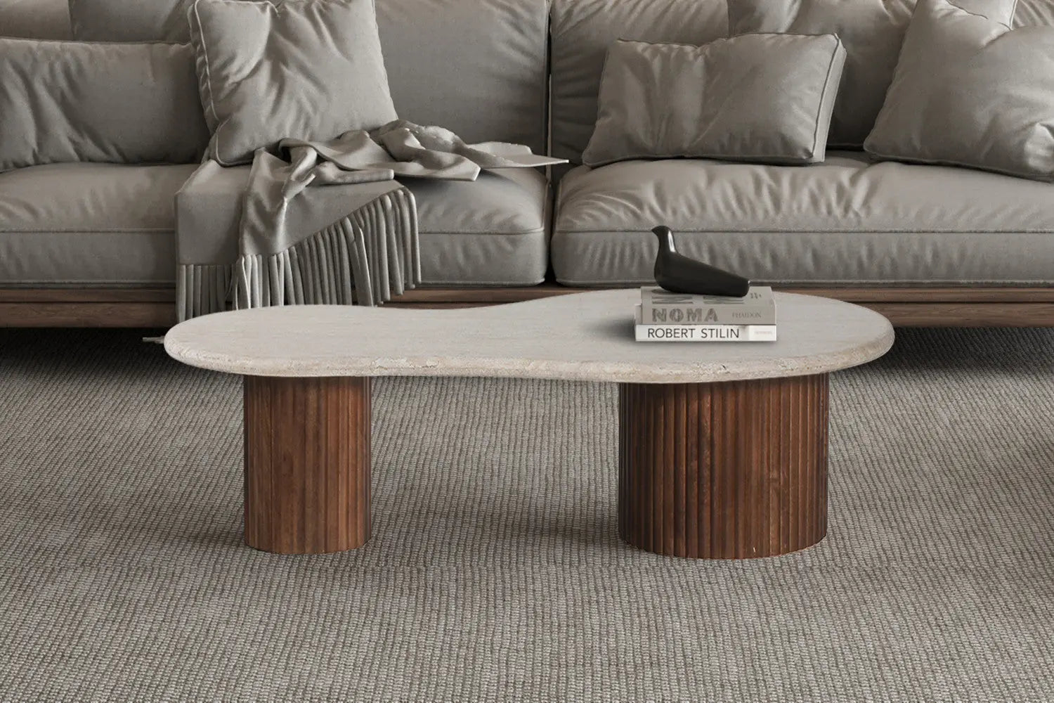Table basse à plateau en travertin beige véritable sur piètement en bois de manguier
